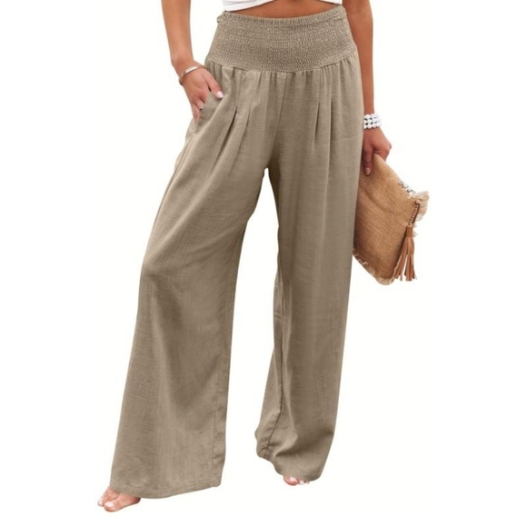 Caracilia Pants - Caracilia Wide Leg Taupe Linen Blend Pants With Smocked Stretchy Waist Size XL